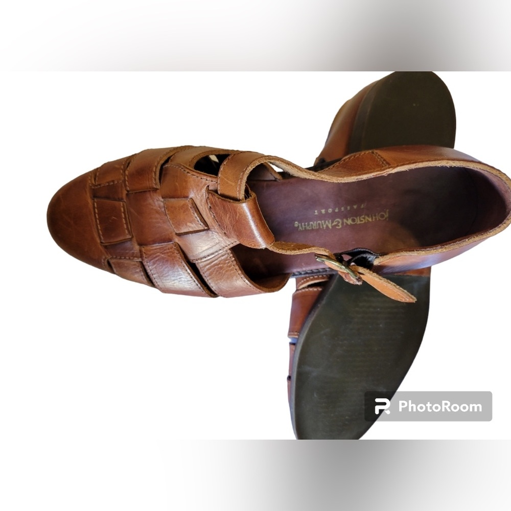 Johnston & Murphy Passport Brown Leather Buckle Slip-On Sandals Shoes